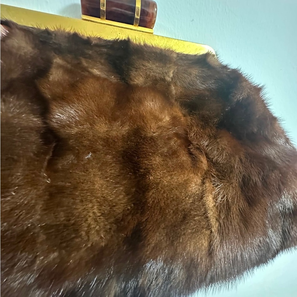 Miu Miu Brown Mink Fur Oversized Clutch with Gold Handle Accent & Brown Strap - Picture 5 of 14